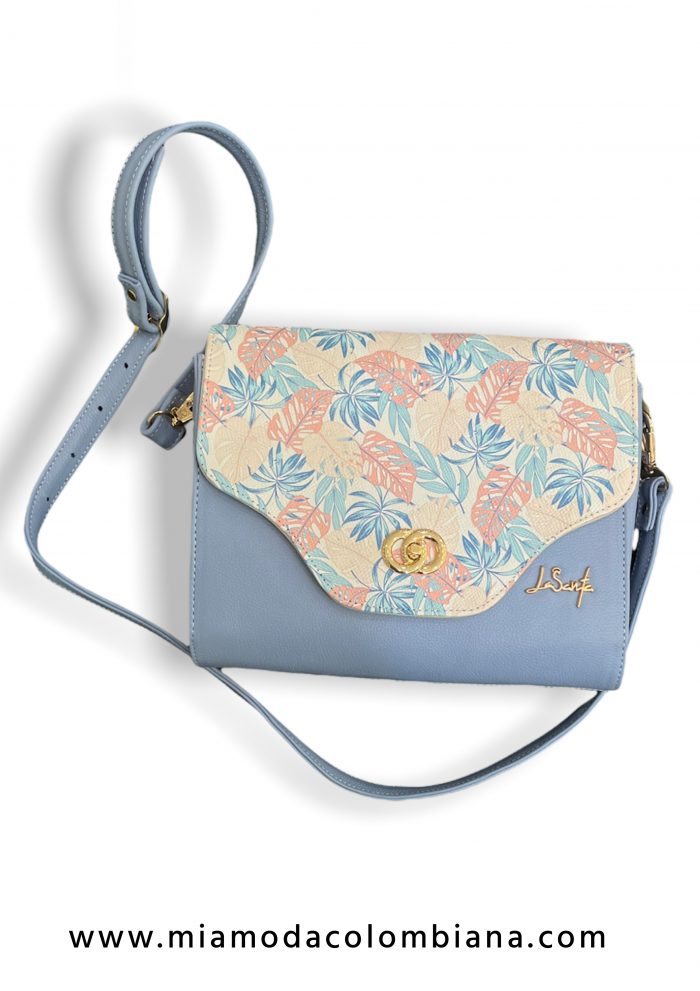 BOLSA AZUL EN PIEL CON ESTAMPADO COLORIDO